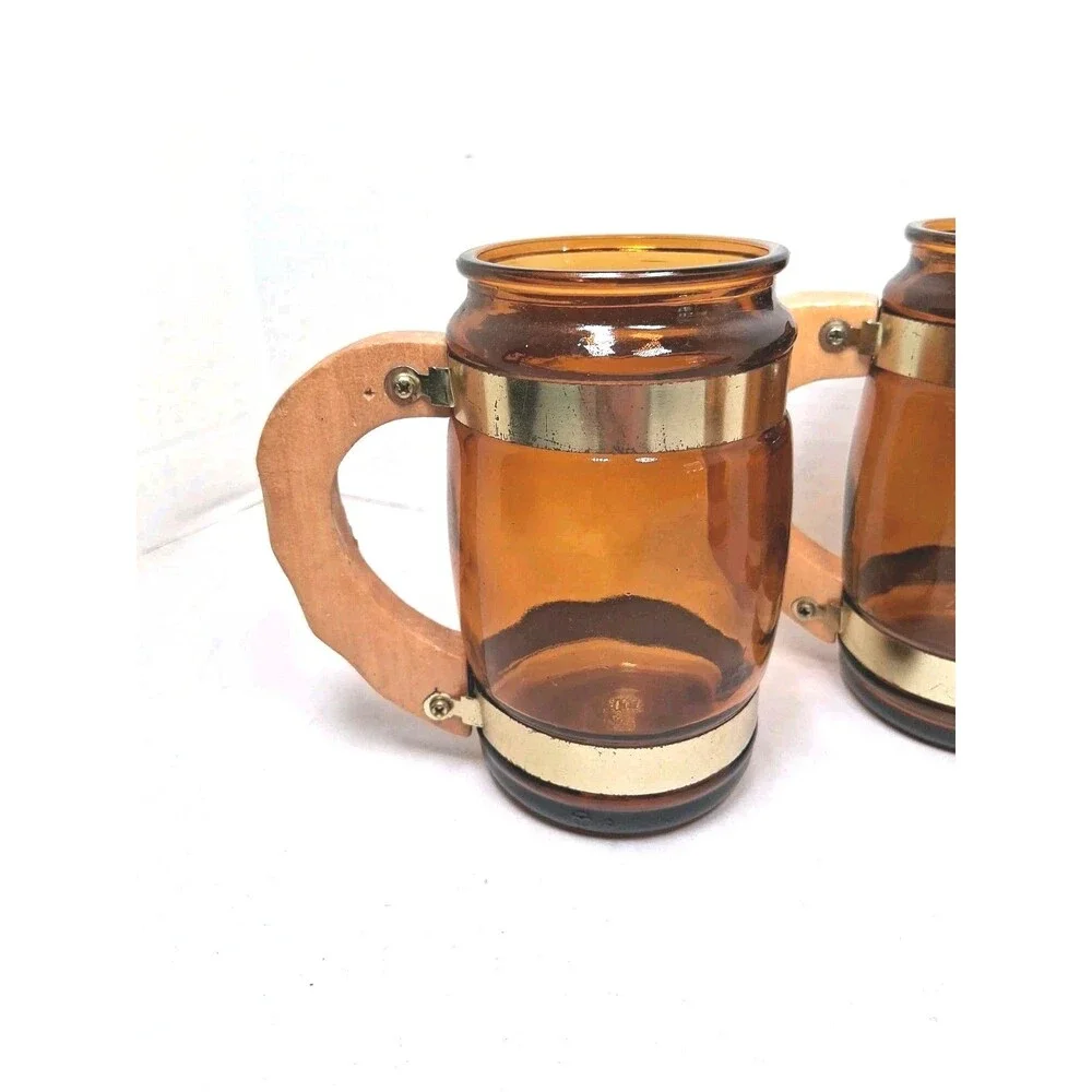 Vintage Amber Glass Beer Mugs Wood Handle Set Of 4 Saloon Mancave